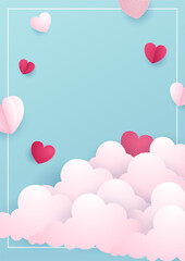 Obraz na płótnie Canvas Valentine's day concept posters. Vector illustration. 3d blue and pink paper hearts with frame on geometric background. Cute love sale banners or greeting cards