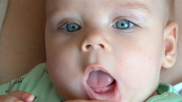 Infant teething. Mother checking mouth of a  6-month-old baby boy with a two visible lower central incisors.