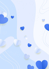 Happy Valentine's Day banner. Holiday background design with big heart made of blue Origami Hearts on blue fabric background. Horizontal poster, flyer, greeting card, header for website