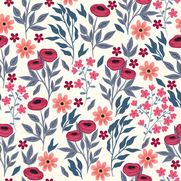 Seamless floral pattern with herbs and flowers. Vector graphics.