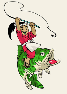 Japan cartoon fisherman fishing the bass fish