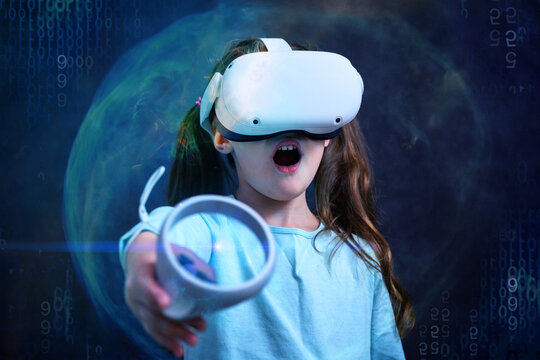 Child Using Virtual Reality Headset, Kid Plays Video Game. VR And Metaverse Concept.