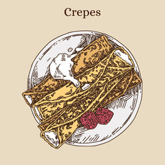Crepes with cream filling and raspberries. Color. Engraving style. Vector illustration.