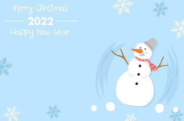 Fototapeta na wymiar Merry Christmas and happy new year invitation card design, cute smiling snowman character design, Happy new year 2022 vector background, Snowman on blue background template, cute snowman postcard.