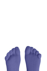 Teenegers feets in violet socks, five fingers socks. Copy spase. Isolated.