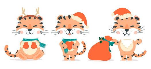 Tiger Santa character Christmas vector set EPS
