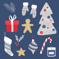Christmas stickers set. Hand drawn winter elements - gift, candle, pine, mittens, star, sock. Christmas illustration for card, poster, stickerpack, web, logo, scrapbooking, patterns.