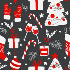 Fototapeta na wymiar Holiday Seamless Pattern with Christmas symbols. Xmas winter poster collection. Merry Christmas, Happy New Year seamless pattern holly leaves and berries for wrapping papers.