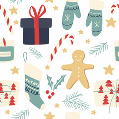 Holiday Seamless Pattern with Christmas symbols. Xmas winter poster collection. Merry Christmas, Happy New Year seamless pattern holly leaves and berries for wrapping papers.