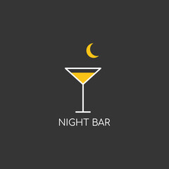 Alcohol logo. Logo for a bar, shop, restaurant. A glass of martini with yellow liquid on a black background with a crescent moon with the words 