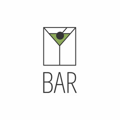 Minimalistic logo for alcoholic bar, shop, restaurant. Martini glass with olive and the inscription 
