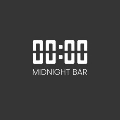 Minimalistic black and white logo for alcoholic bar, shop, restaurant. Electronic clock on which 00:00 and with the inscription 