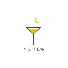 Alcohol logo. Logo for a bar, shop, restaurant. A glass of martini with yellow liquid on a white background with a crescent moon with the words 