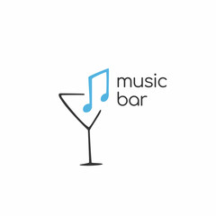 Minimalistic logo of an alcoholic establishment. Logo for a bar, shop, restaurant. Martini glass decorated with sheet music and the words 