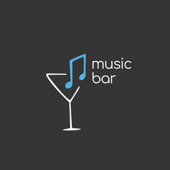 Minimalistic logo of an alcoholic establishment. Logo for a bar, shop, restaurant. Martini glass, decorated with a musical note and the words 