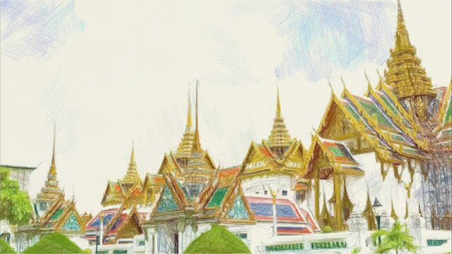 art drawing color of temple in Bangkok Thailand