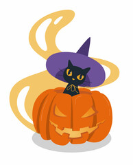 A black cat in an interesting hat sits in a carved pumpkin with glowing eyes. Magic smoke. Halloween concept. The concept of the supernatural. Isolated vector illustrations.