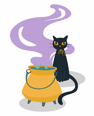 A black cat next to a bubbling cauldron. The concept of a magic black cat brewing a potion. The kitten is guarding the cauldron.