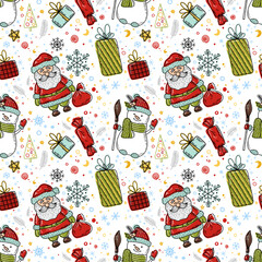 Christmas seamless vector pattern, Santa, snowman and gifts for holiday packaging