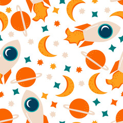 Childish seamless pattern, vector. Space theme for kids. Astronomy texture with rockets, stars and planets