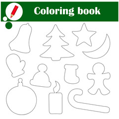 Educational game for children. Christmas coloring book. Items bell, tree, star, moon, mitten, hat, sock, man, Christmas ball, candle, lollipop