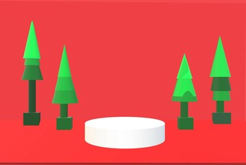 3d illustration white podium christmas tree decoration beautiful red background