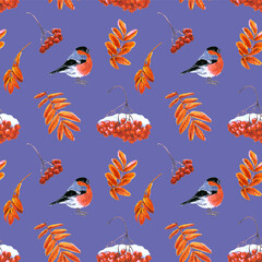 Seamless pattern of leaves and fruits of mountain ash and bullfinch drawn by markers on a Very Peri background. For fabric, sketchbook, wallpaper, wrapping paper.