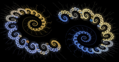 Two large fluffy spirals are made up of small spirals in blue and yellow and are located opposite each other on a black background. Graphic design elements set. 3d rendering. 3d illustration.