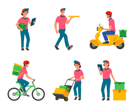 Delivery service courier characters set vector illustration. Smiling couriers shipping cardboard