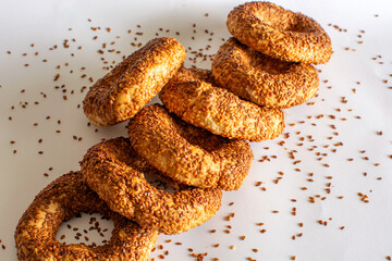 Turkish bagels in Turkish ''Kandil Simidi'' on white background.