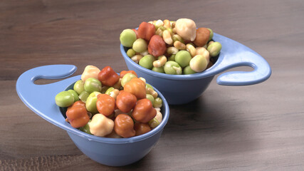 Healthy diet and vegetarian food. Mix of fresh sprouts on beautiful background. macrobiotic food. Sprouted wheat, peas, lentil seeds. Copy space 