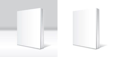 Blank white standing softcover book or magazine mockup template. Isolated on white and gray background with shadow. Ready to use for your business. Realistic 3d vector