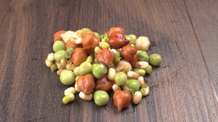 Healthy diet and vegetarian food. Mix of fresh sprouts on beautiful background. macrobiotic food. Sprouted wheat, peas, lentil seeds. Copy space 