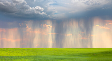Beautiful landscape view of green grass field - Aerial view of rain above countryside rural field or meadow landscape