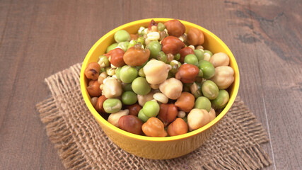 Healthy diet and vegetarian food. Mix of fresh sprouts on beautiful background. macrobiotic food. Sprouted wheat, peas, lentil seeds. Copy space 