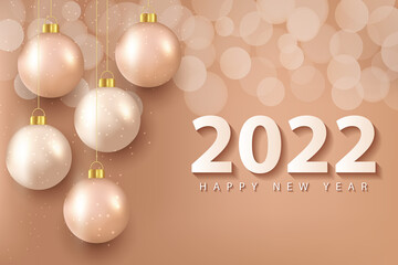 2022 happy new year greeting card background with realistic gold ball design for greeting card, poster, banner. Vector illustration.