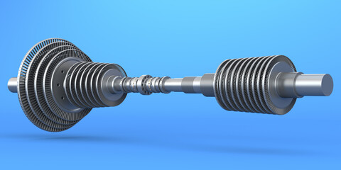 Steam turbine rotor shaft on a clean blue background. Rotor with impellers. Part of a steam generator. 3d render © Filipp