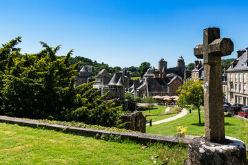 Fototapeta na wymiar View from the viewpoint of the medieval fortified Castle of Fougeres.Blue sky on a clear sunny summer day. City of Fougeres, department of Brittany,France.
