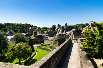 View from the viewpoint of the medieval fortified Castle of Fougeres.Blue sky on a clear sunny summer day. City of Fougeres, department of Brittany,France.