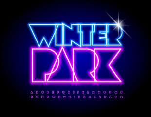Vector colorful Neon Banner Winter Park.  Bright Glowing Font. Unique Alphabet Letters and Numbers.