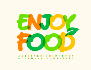 Vector inspiration poster Enjoy Food with Decorative Leaf. Bright handwritten Font. Watercolor set of Alphabet Letters and Numbers