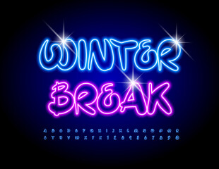 Vector seasonal flyer Winter Break. Artistic Neon Font. Blue Illuminated Alphabet Letters and Numbers set