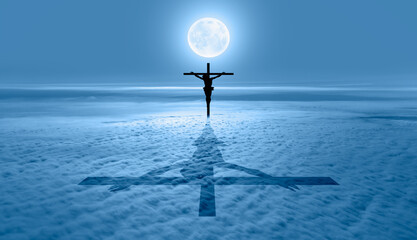 Jesus on the cross over the clouds with full moon, jesus shadow on the clouds 