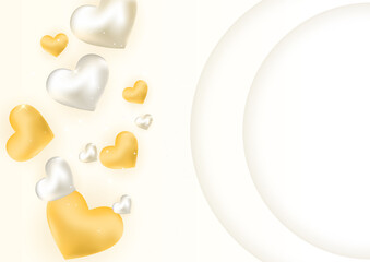 Happy Valentine's Day banner. Holiday background design with big heart made of white and gold Origami Hearts on black fabric background. Horizontal poster, flyer, greeting card, header for website