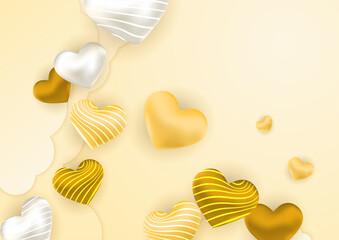 Gold love valentine's banner background with hearts. Design for special days, women's day, valentine's day, birthday, mother's day, father's day, Christmas, wedding, and event celebrations.