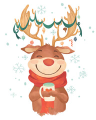 cute christmas reindeer watercolor illustration