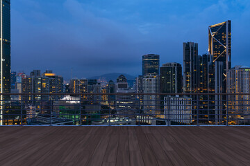 Panoramic Kuala Lumpur skyline view, wooden observatory deck on rooftop, night. Asian corporate and residential lifestyle. Financial city downtown, real estate. Product display mockup empty roof