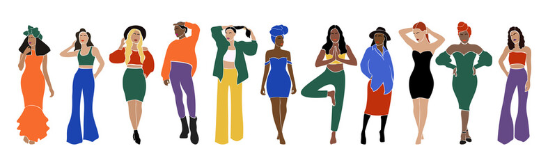 Obraz premium Set of abstract women characters. Fashion faceless females standing and poses. Boho Afro-American female. Modern paper cut mosaic style Minimalist vector illustration isolated on a white background.