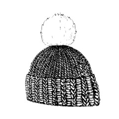 Knitted winter hat with a pumpon. Doodle illustration