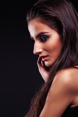 Fototapeta premium beauty young sencual woman with jewellery close up, luxury portrait of rich real girl, party makeup